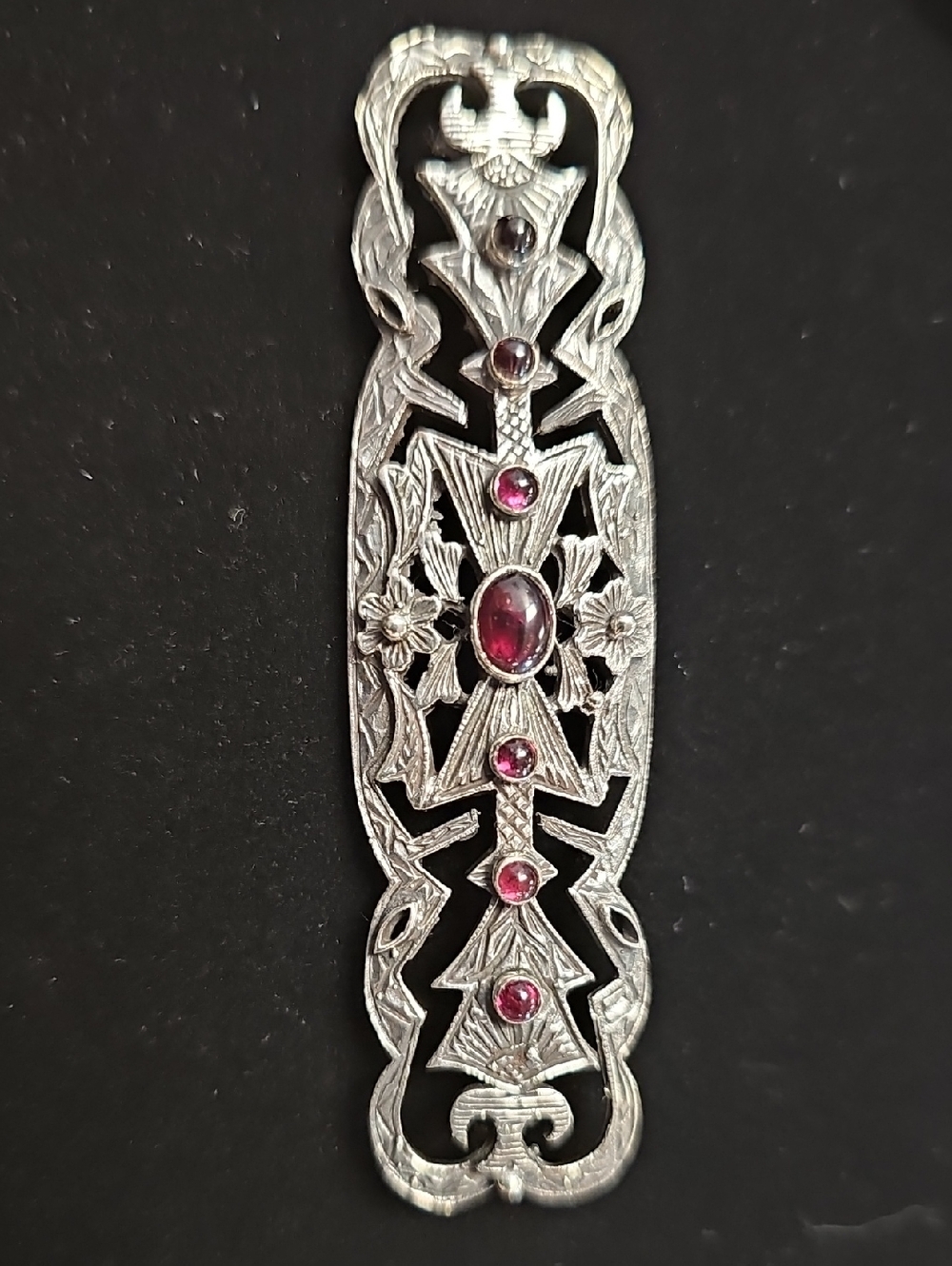 Ornate Sterling Bar Brooch with Red Gem Accents
